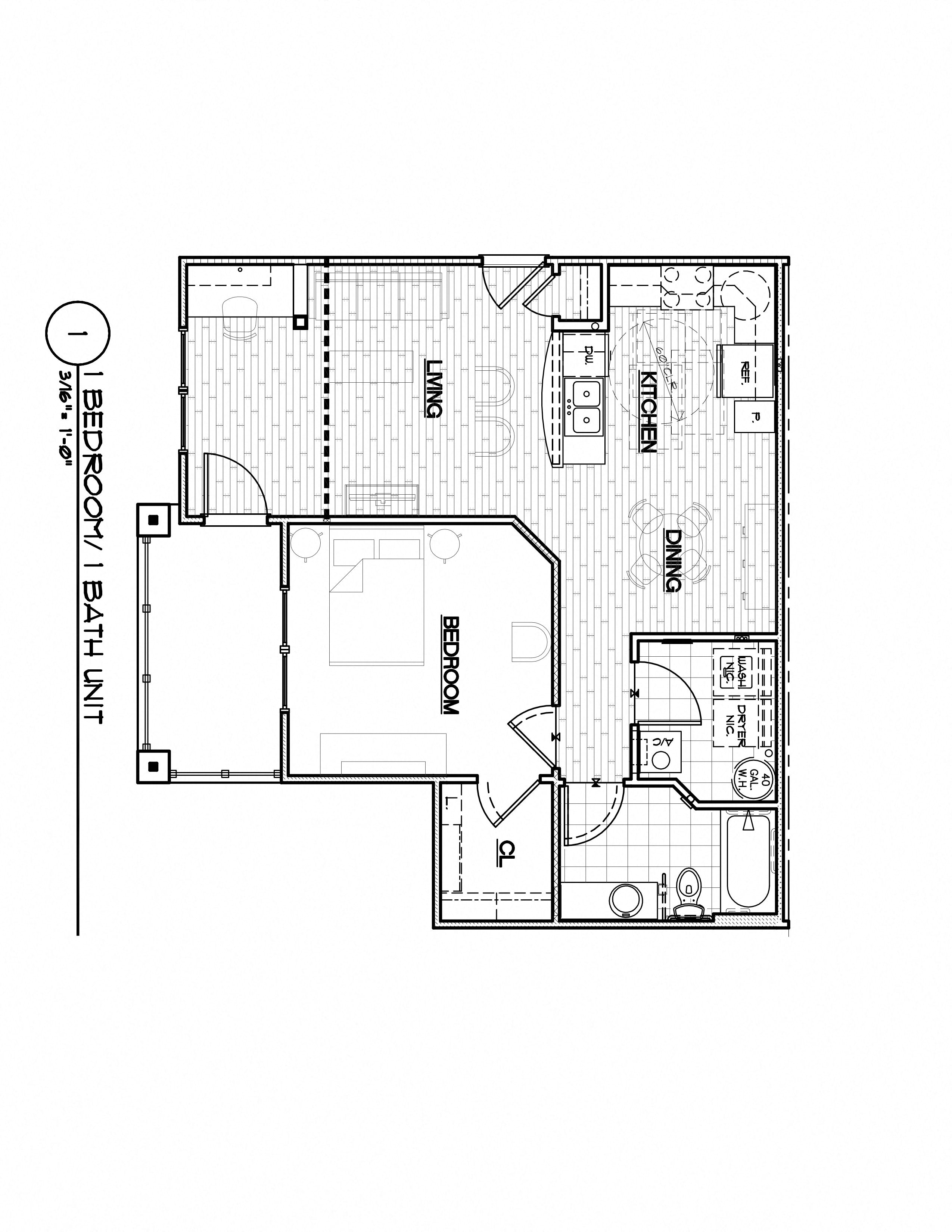 Floor plan for 1 bed, 1 bath, 775 sqft
